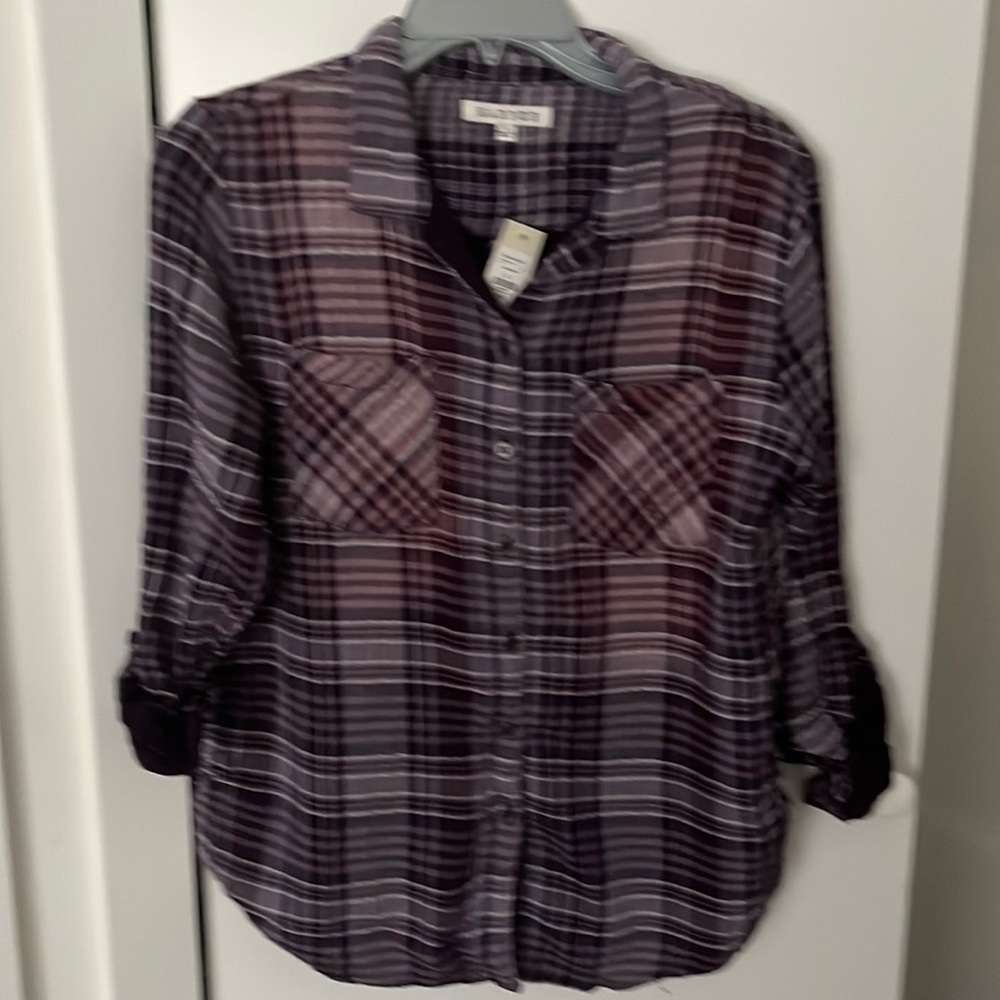 NWT Francesca’s Purple Plaid Button Down
